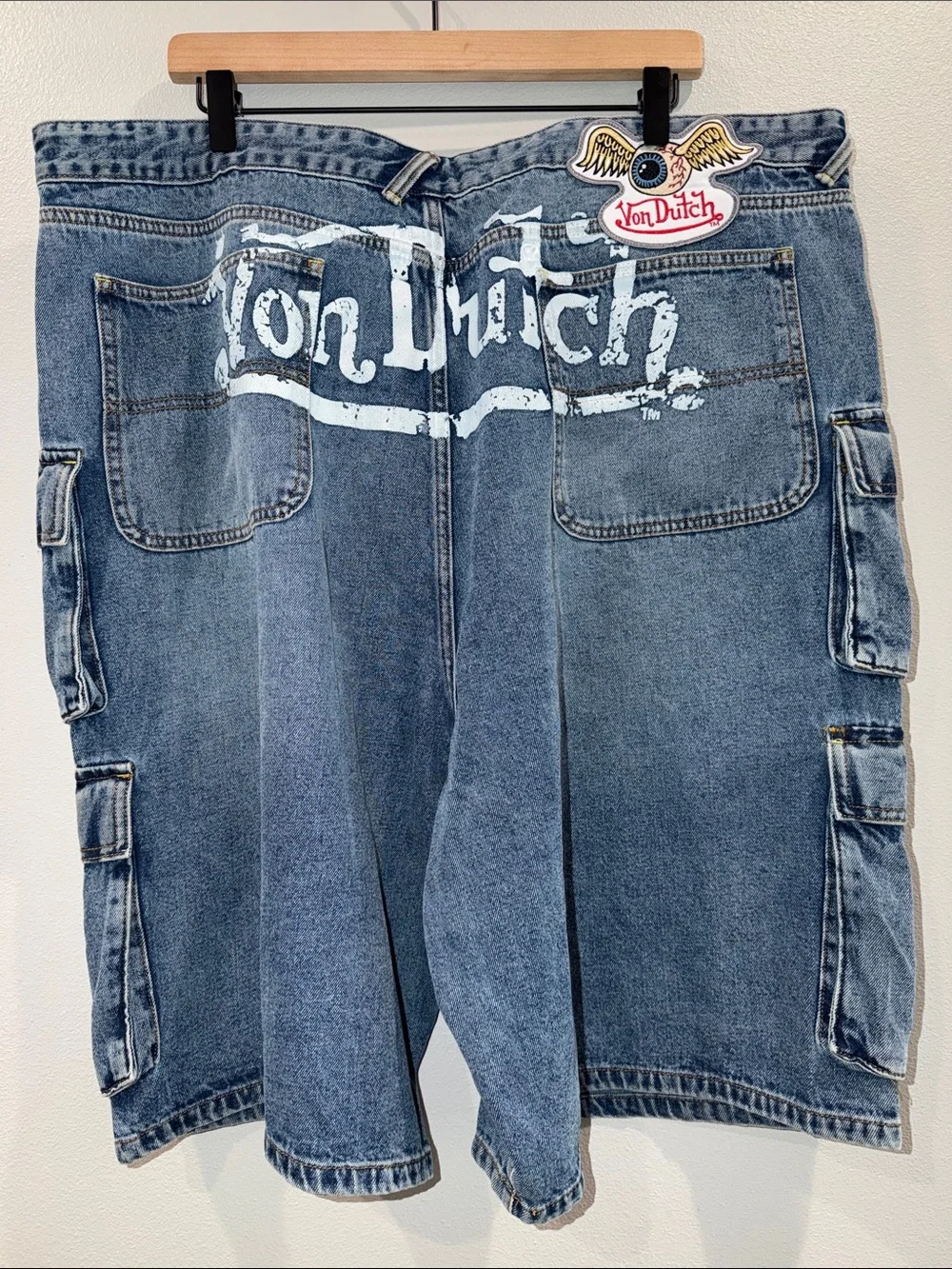 Von Dutch Vintage Light Blue Denim Cargo Shorts Size 42